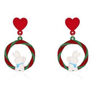 Christmas Rabbit Drop Earring 1 Pair - Silver Needle Earrings - Red & Green - One Size