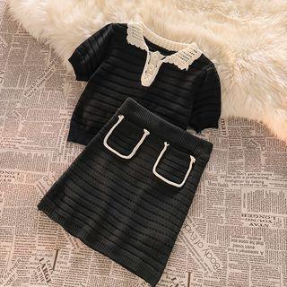 Short-sleeve Perforated Two-tone Knit Top / Knit Mini Skirt