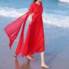 Cape-sleeve Chiffon Midi A-line Dress