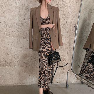 Set: Spaghetti Strap Zebra Print Midi A-line Dress + Blazer
