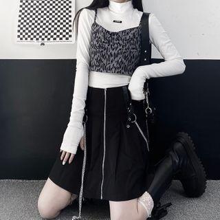 Long-sleeve Mock-neck Top / Leopard Print Cropped Camisole Top