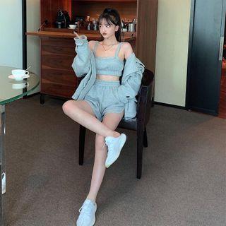 Plaid Jacket / Plain Sleeveless Top / High Waist Wide Leg Shorts