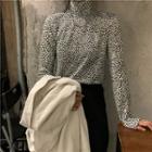 Long-sleeve Turtle-neck Leopard-print T-shirt Leopard - Black & White - One Size