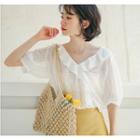 Ruffled V-neck Elbow-sleeve Blouse