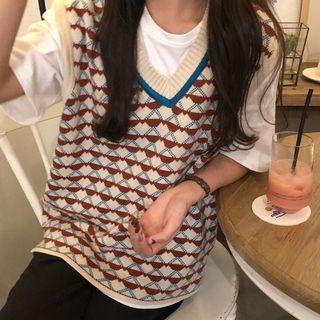 V-neck Patterned Knit Vest As Shown In Figure - One Size