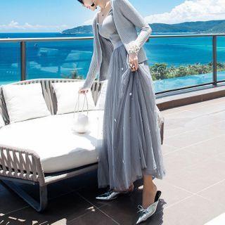 Set: Cardigan + Knit Camisole Top + Midi A-line Mesh Skirt