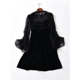 Set: See-through Blouse + Spaghetti Strap Velvet Dress
