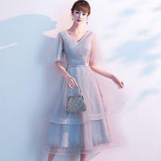 Short-sleeve Glitter A-line Mesh Cocktail Dress