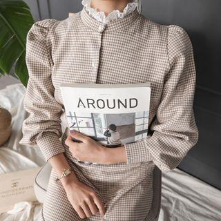 Puff-sleeve Checked Cardigan