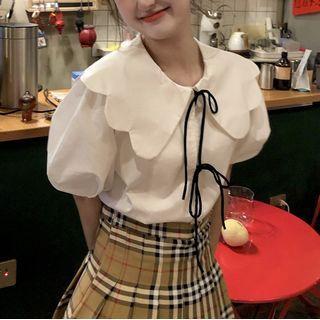 Puff-sleeve Scallop Trim Blouse White - One Size
