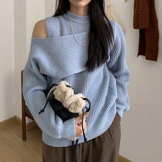 Cold-shoulder Ribbed Sweater Blue - One Size