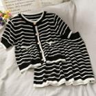 Set: Striped Button-down Knit Top + High-waist Mini Skirt Black - One Size