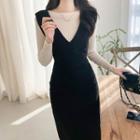 V-neck H-line Long Pinafore Dress