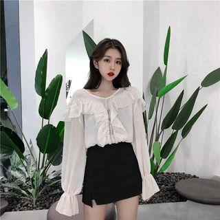 V-neck Trumpet-sleeved Chiffon Shirt