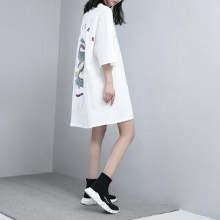 Dragon-embroidered Loose-fit Long T-shirt