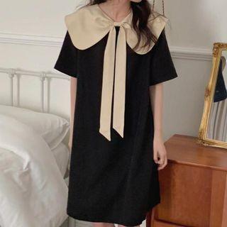 Peter Pan-collar Bow Panel Short-sleeve Plain Dress