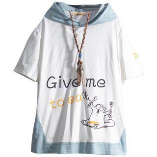 Short-sleeve Two-tone Cartoon Print Hooded T-shirt