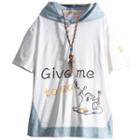 Short-sleeve Two-tone Cartoon Print Hooded T-shirt