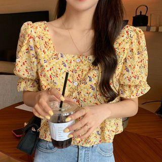 Balloon-sleeve Floral Print Copped Blouse Floral - Cheese - One Size