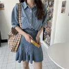 Denim Elbow-sleeve Shirt / A-line Skirt