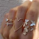 Set Of 5: Rhinestone Open Ring + Hollow Heart Ring Set Of 5 - Gold - One Size