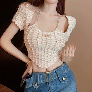 Short-sleeve Chained Distressed Crop Top
