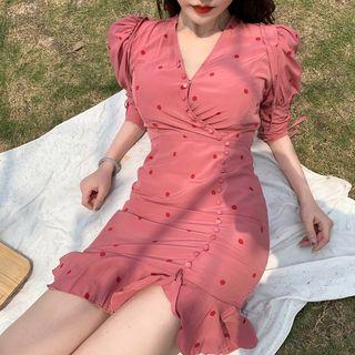 Dotted V-neck Short-sleeve Chiffon Dress