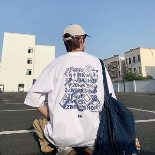 Elbow-sleeve Mahjong Print T-shirt
