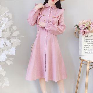 Long-sleeve Striped Embroidered Midi Shirt Dress