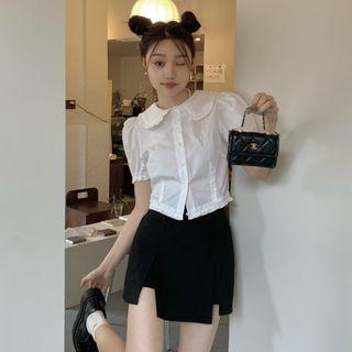 Puff-sleeve Ruffled Trim Blouse / Slit A-line Skirt