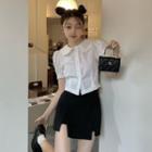 Puff-sleeve Ruffled Trim Blouse / Slit A-line Skirt