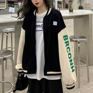 Printed Baseball Jacket Black & Almond - One Size