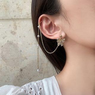 Rhinestone Faux Pearl Butterfly Chained Earring 1 Piece - Butterfly - Earrings & Clip On Earring - One Size