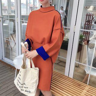 Set: Color-block Loose-fit Mock-neck Top + High-waist Skirt