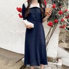 Collared Short-sleeve Dress Navy Blue - One Size