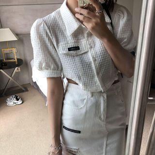Short-sleeve Plaid Button-up Crop Top