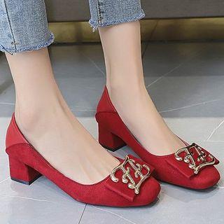 Bow-accent Velvet Block-heel Pumps