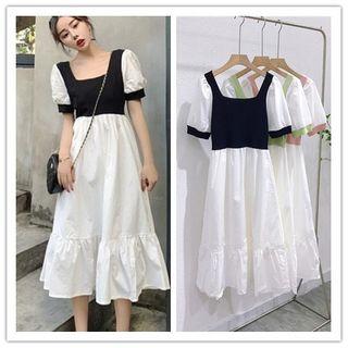 Short-sleeve Knit Panel A-line Midi Dress