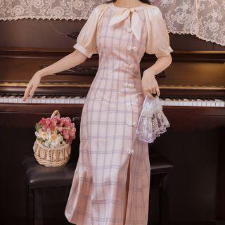 Short-sleeve Plaid Slit Midi A-line Dress