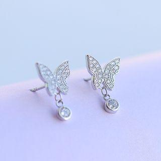 925 Sterling Silver Rhinestone Butterfly Earring 1 Pair - As Shown In Figure - One Size