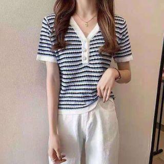 Short-sleeve V-neck Striped Button Front Knit Top