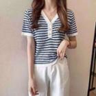 Short-sleeve V-neck Striped Button Front Knit Top