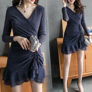 Long-sleeve Glitter Ruffle Hem Mini Wrap Dress