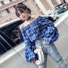 Plaid Off-shoulder Puff-sleeve Top