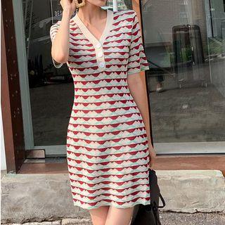 Short-sleeve Jacquard Mini Knit Dress As Shown In Figure - One Size