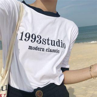 Short-sleeve Lettering Embroidered Ringer T-shirt