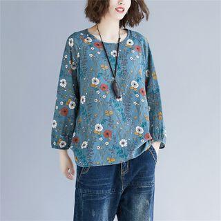 Long-sleeve Floral Print Top Brown & White Flower - Grayish Blue - One Size