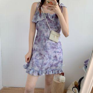 Spaghetti Strap Printed Ruffle Trim Mini A-line Dress