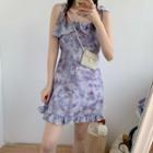 Spaghetti Strap Printed Ruffle Trim Mini A-line Dress
