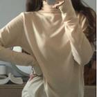Long-sleeve Turtleneck Ruffle T-shirt Almond - One Size